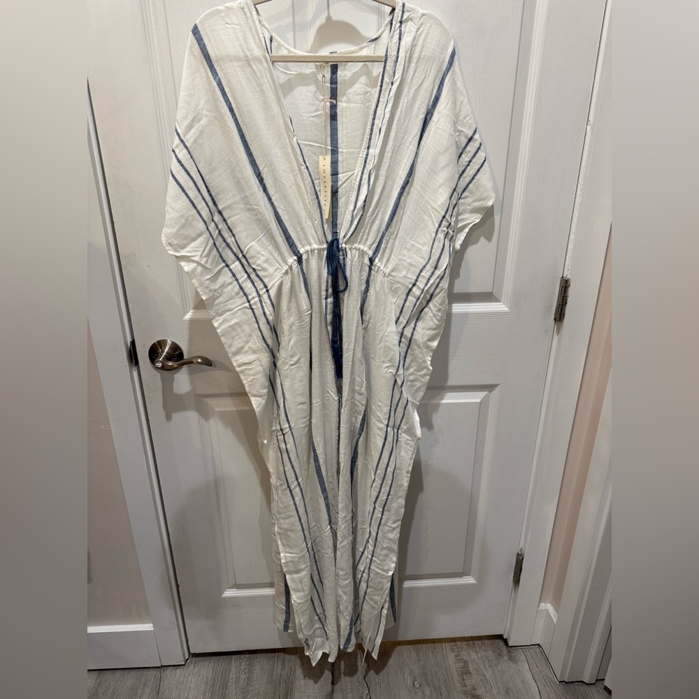 lovestitch White Beach Cover up  with Navy Vertical Stripe